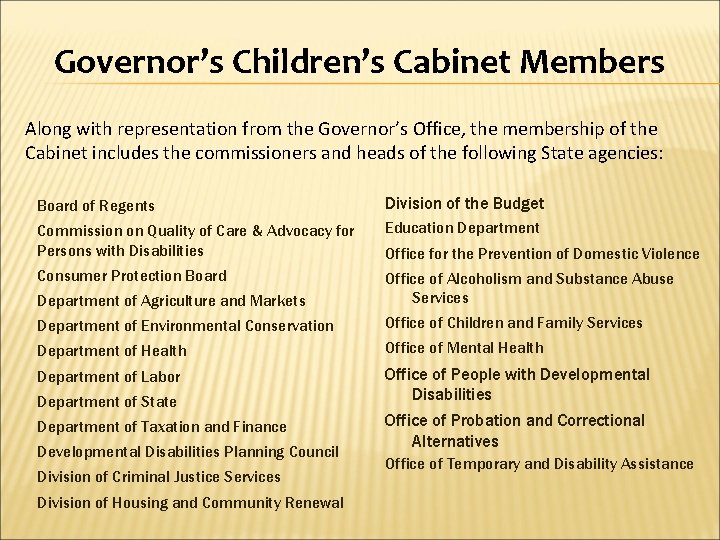 Governor’s Children’s Cabinet Members Along with representation from the Governor’s Office, the membership of