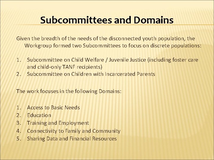 Subcommittees and Domains Given the breadth of the needs of the disconnected youth population,