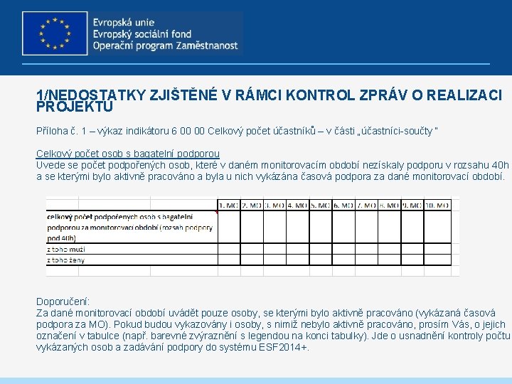 1/NEDOSTATKY ZJIŠTĚNÉ V RÁMCI KONTROL ZPRÁV O REALIZACI PROJEKTU Příloha č. 1 – výkaz