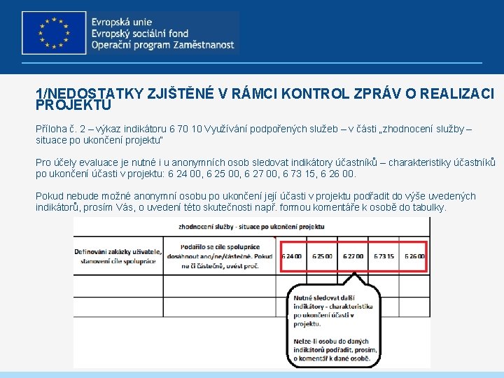 1/NEDOSTATKY ZJIŠTĚNÉ V RÁMCI KONTROL ZPRÁV O REALIZACI PROJEKTU Příloha č. 2 – výkaz