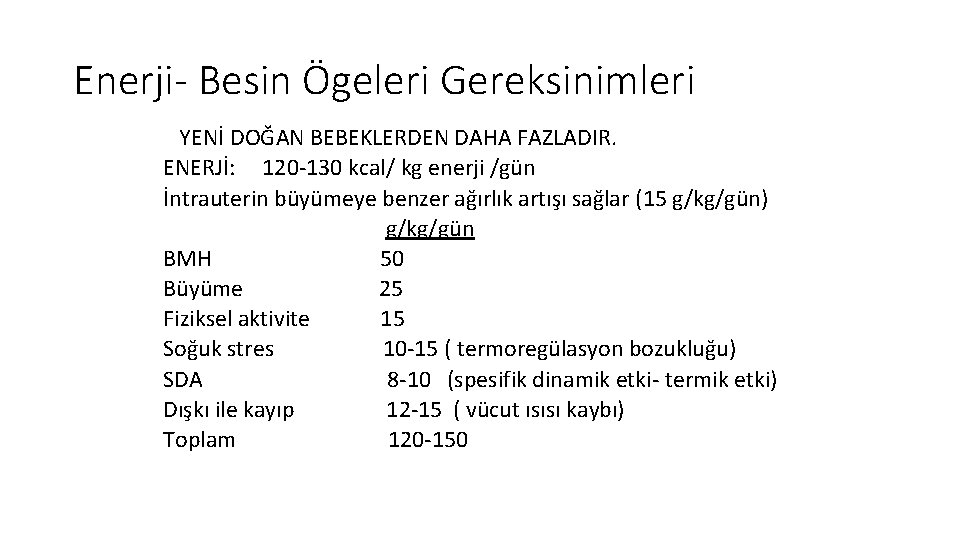 Enerji- Besin Ögeleri Gereksinimleri YENİ DOĞAN BEBEKLERDEN DAHA FAZLADIR. ENERJİ: 120 -130 kcal/ kg