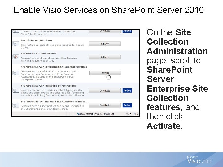 Enable Visio Services on Share. Point Server 2010 On the Site Collection Administration page,