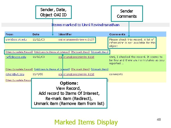 Sender, Date, Object OAI ID Sender Comments Options: View Record, Add record to Items