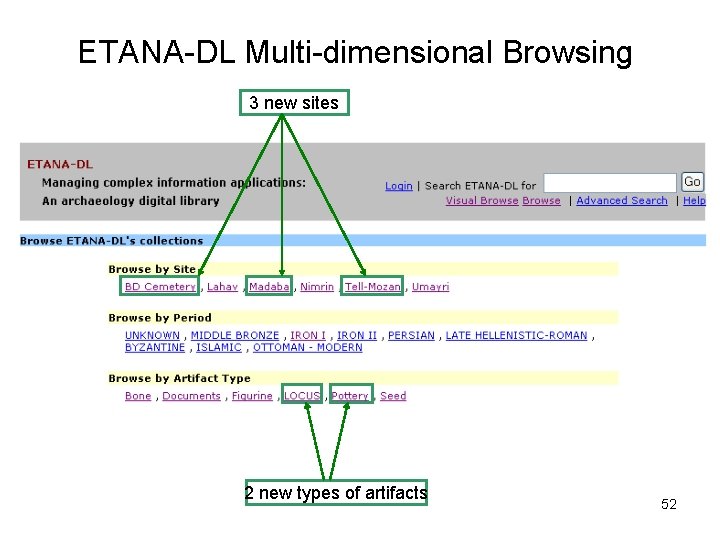 ETANA-DL Multi-dimensional Browsing 3 new sites 2 new types of artifacts 52 