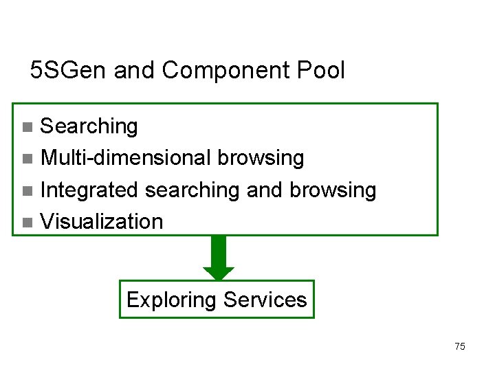 5 SGen and Component Pool Searching n Multi-dimensional browsing n Integrated searching and browsing