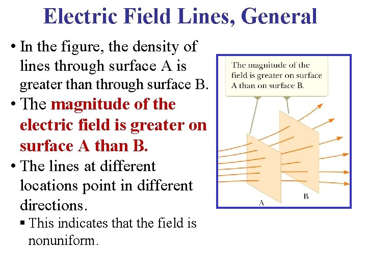 Electric Field Lines, General • In the figure, the density of lines through surface