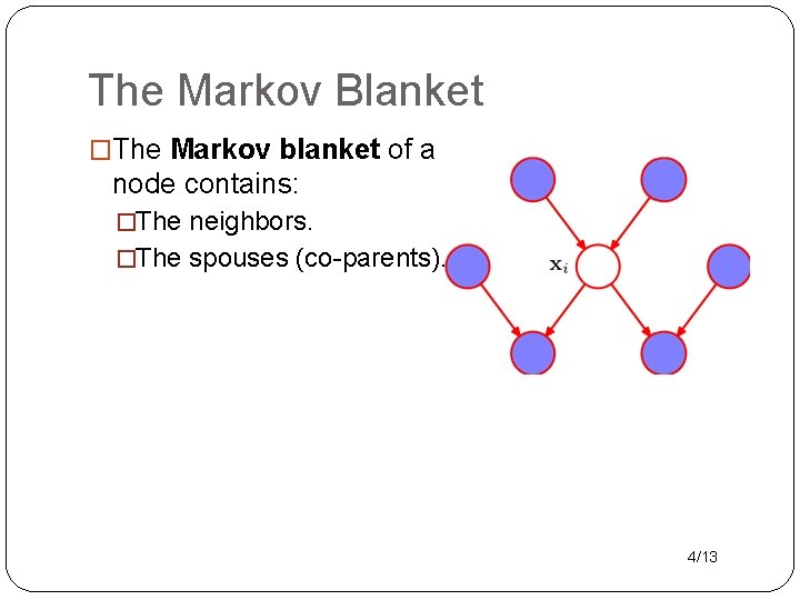 The Markov Blanket �The Markov blanket of a node contains: �The neighbors. �The spouses