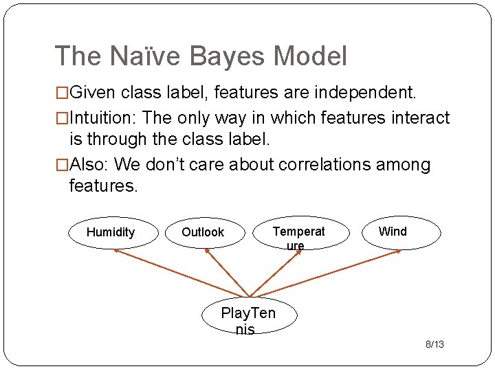 The Naïve Bayes Model �Given class label, features are independent. �Intuition: The only way