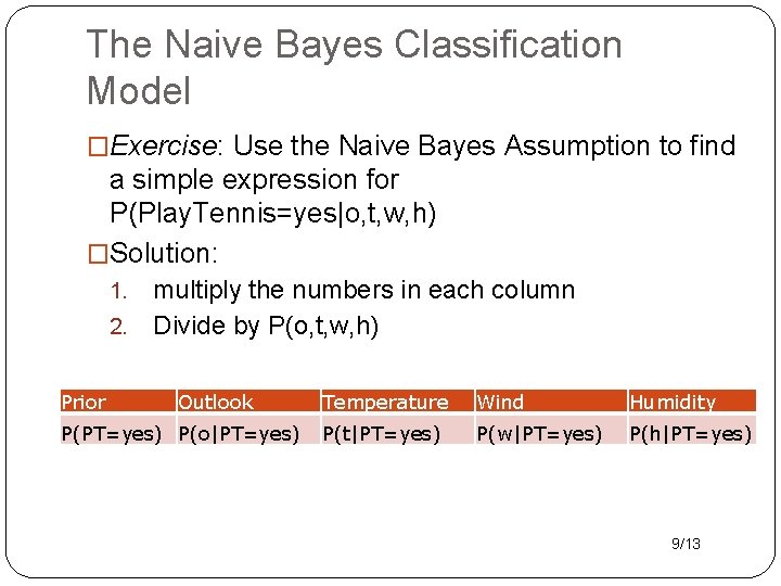 The Naive Bayes Classification Model �Exercise: Use the Naive Bayes Assumption to find a