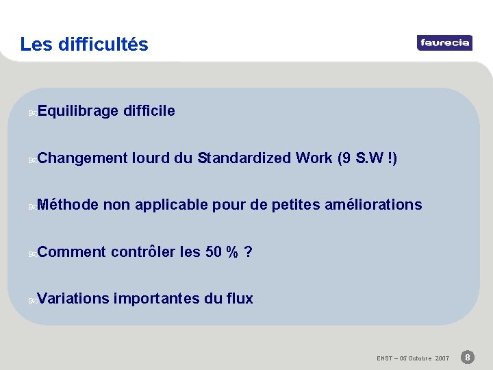 Les difficultés Equilibrage difficile Changement Méthode lourd du Standardized Work (9 S. W !)