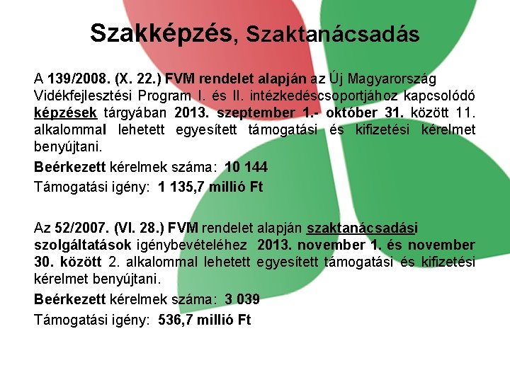 Szakképzés, Szaktanácsadás A 139/2008. (X. 22. ) FVM rendelet alapján az Új Magyarország Vidékfejlesztési