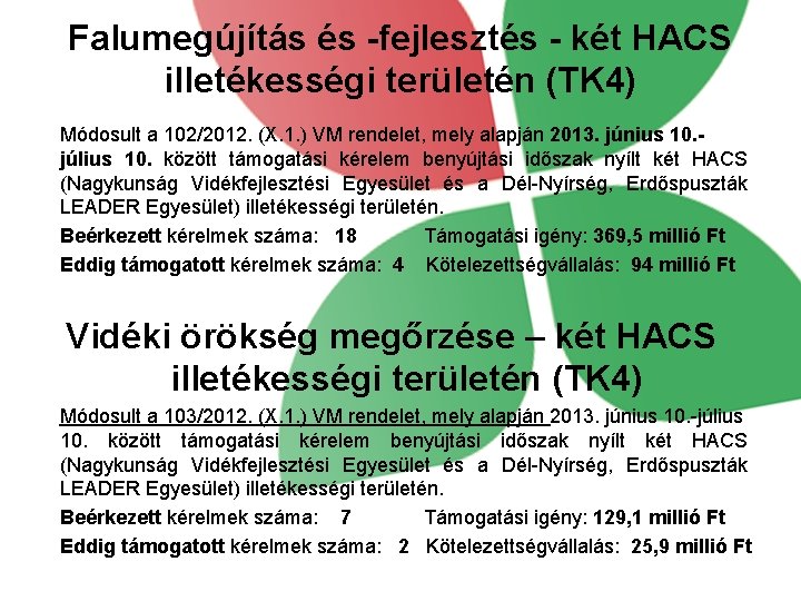 Falumegújítás és -fejlesztés - két HACS illetékességi területén (TK 4) Módosult a 102/2012. (X.