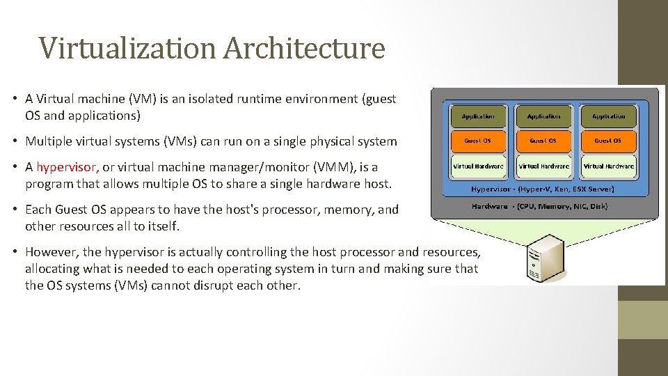 Virtualization Architecture • A Virtual machine (VM) is an isolated runtime environment (guest OS