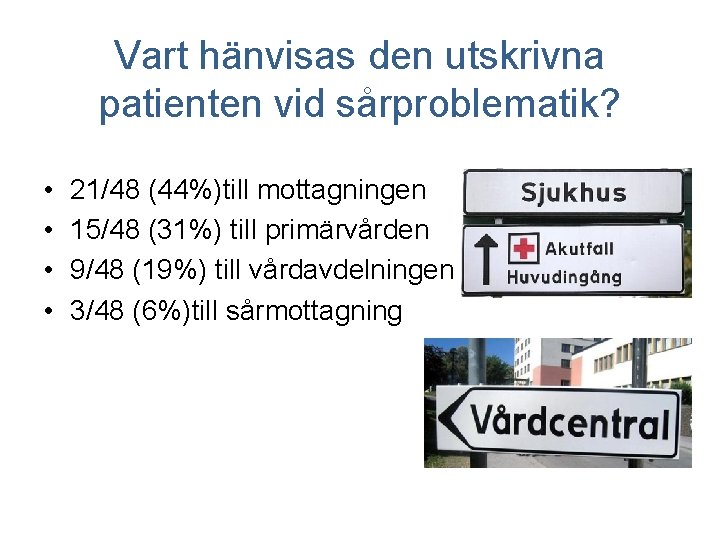 Vart hänvisas den utskrivna patienten vid sårproblematik? • • 21/48 (44%)till mottagningen 15/48 (31%)