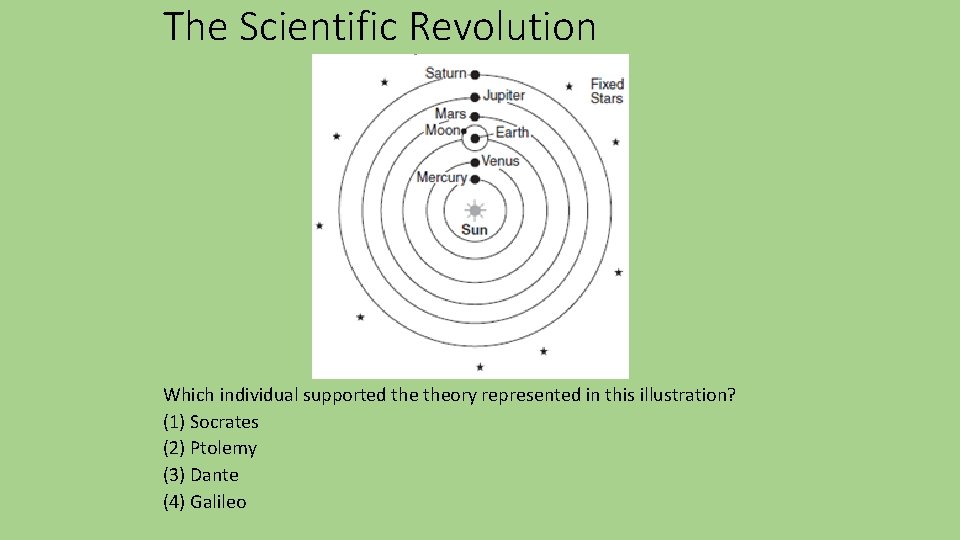 The Scientific Revolution Which individual supported theory represented in this illustration? (1) Socrates (2)
