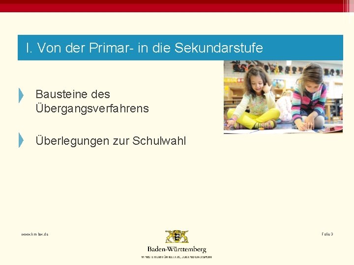 I. Von der Primar- in die Sekundarstufe Bausteine des Übergangsverfahrens Überlegungen zur Schulwahl www.