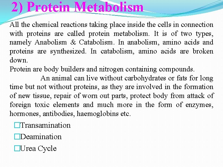 2) Protein Metabolism All the chemical reactions taking place inside the cells in connection