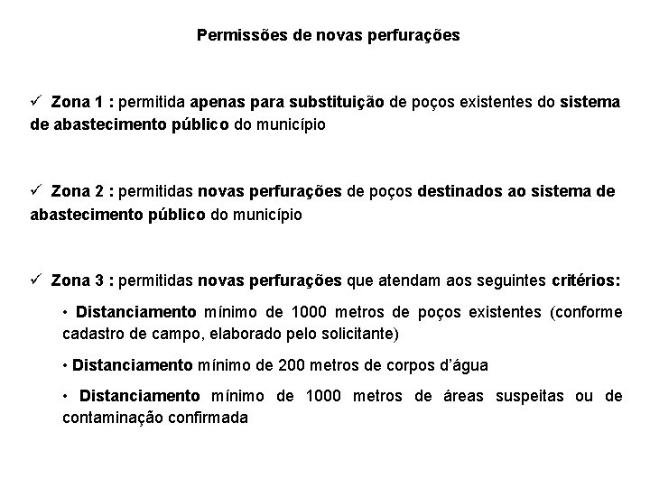 Permissões de novas perfurações ü Zona 1 : permitida apenas para substituição de poços