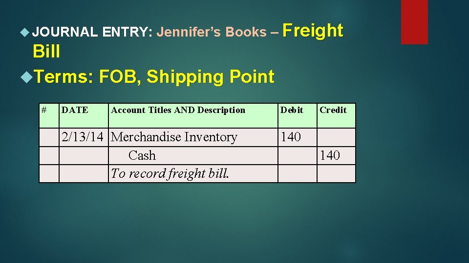  JOURNAL ENTRY: Jennifer’s Books – Freight Bill Terms: FOB, Shipping Point # DATE