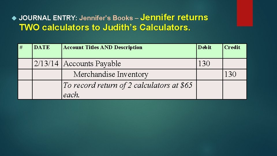  JOURNAL ENTRY: Jennifer’s Books – Jennifer returns TWO calculators to Judith’s Calculators. #