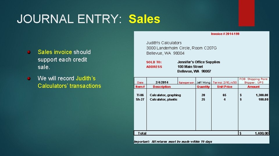 JOURNAL ENTRY: Sales Invoice # 2014 -199 Judith's Calculators 3000 Landerholm Circle, Room C