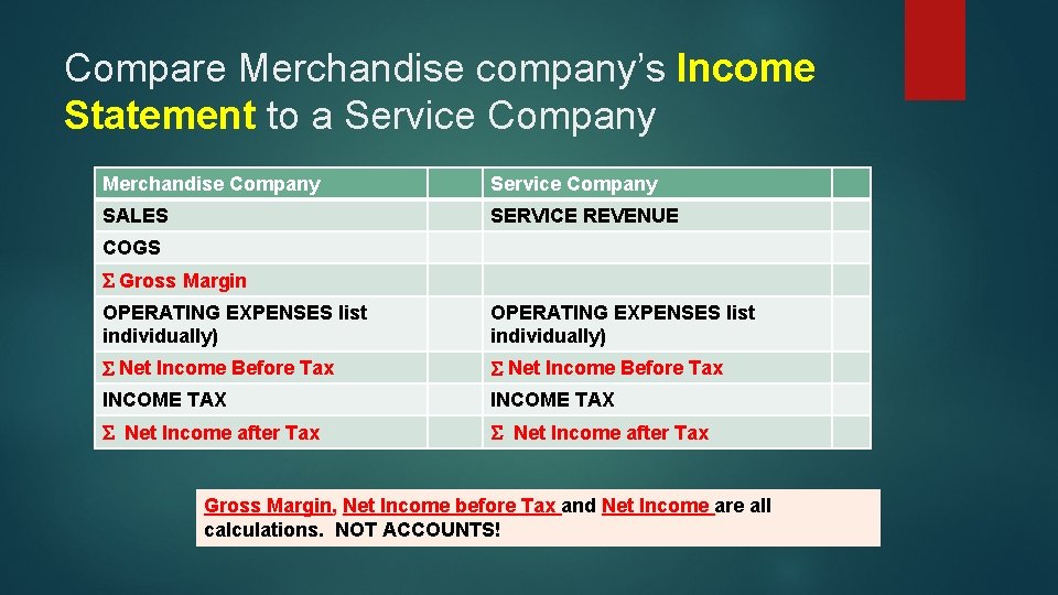 Compare Merchandise company’s Income Statement to a Service Company Merchandise Company Service Company SALES