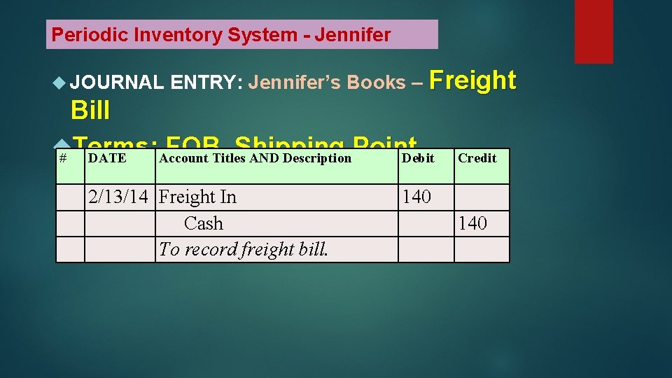 Periodic Inventory System - Jennifer JOURNAL ENTRY: Jennifer’s Books – Freight Bill FOB, Shipping