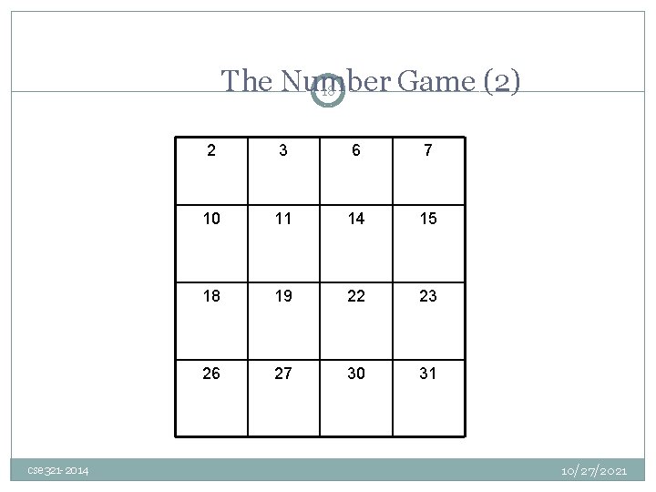The Number Game (2) 18 cse 321 -2014 2 3 6 7 10 11