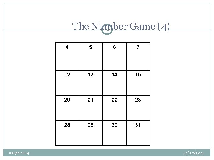 The Number Game (4) 19 cse 321 -2014 4 5 6 7 12 13