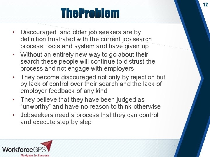 12 • Discouraged and older job seekers are by definition frustrated with the current