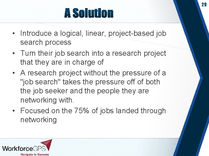 29 • Introduce a logical, linear, project-based job search process • Turn their job