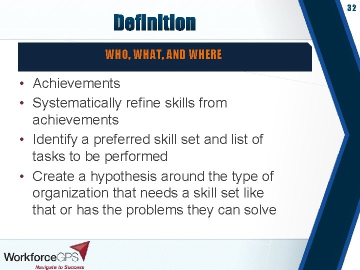 32 WHO, WHAT, AND WHERE • Achievements • Systematically refine skills from achievements •