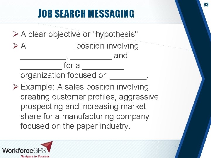 JOB SEARCH MESSAGING Ø A clear objective or "hypothesis" Ø A _____ position involving