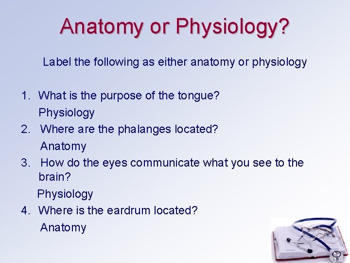 Anatomy or Physiology? Label the following as either anatomy or physiology 1. What is