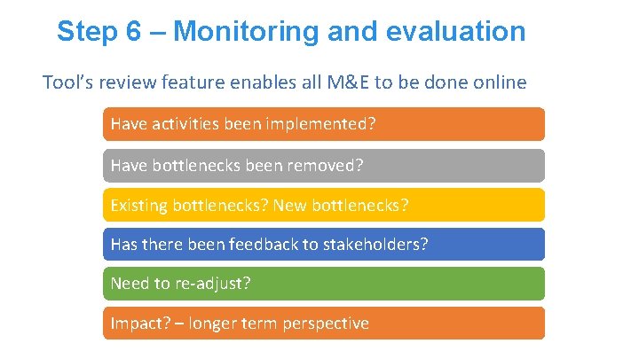 Step 6 – Monitoring and evaluation Tool’s review feature enables all M&E to be