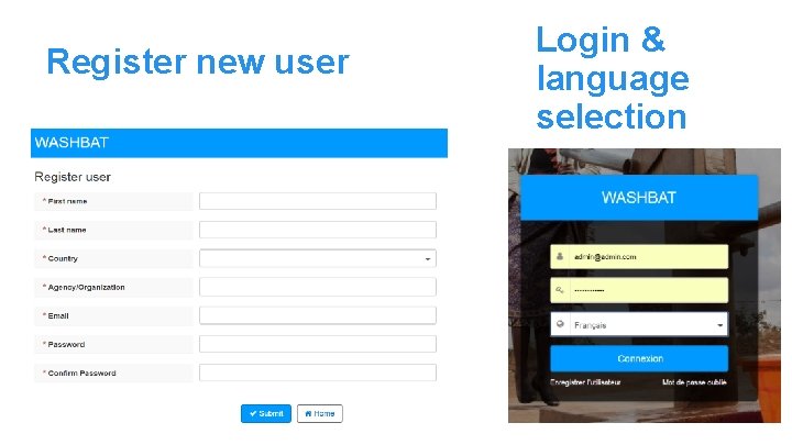 Register new user Login & language selection 