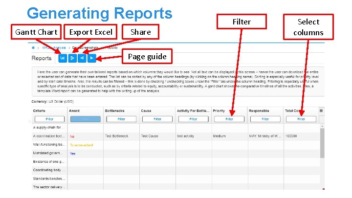 Generating Reports Gantt Chart Export Excel Share Page guide Filter Select columns 
