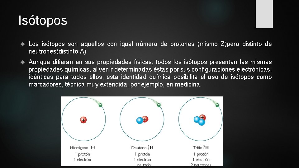 Isótopos Los isótopos son aquellos con igual número de protones (mismo Z)pero distinto de