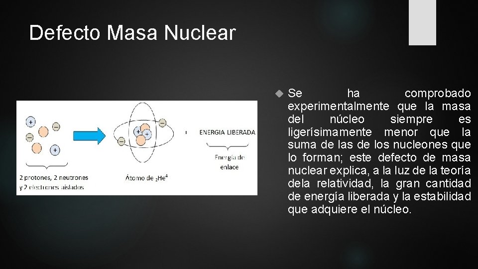 Defecto Masa Nuclear Se ha comprobado experimentalmente que la masa del núcleo siempre es