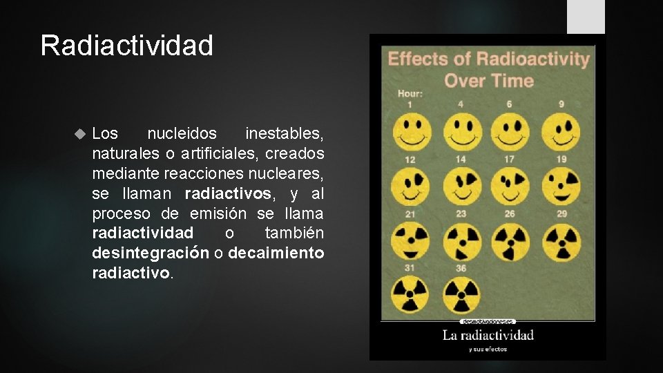 Radiactividad Los nucleidos inestables, naturales o artificiales, creados mediante reacciones nucleares, se llaman radiactivos,
