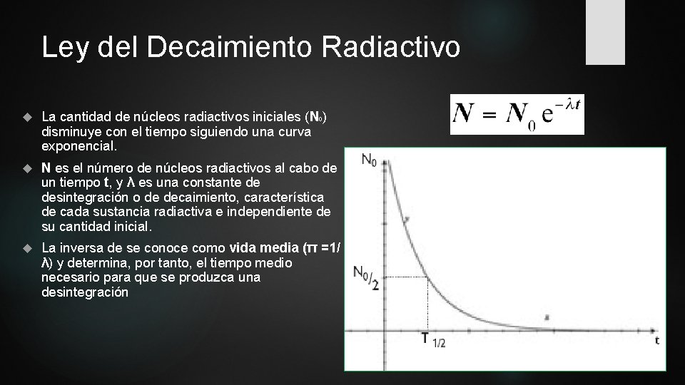 Ley del Decaimiento Radiactivo La cantidad de núcleos radiactivos iniciales (N 0) disminuye con
