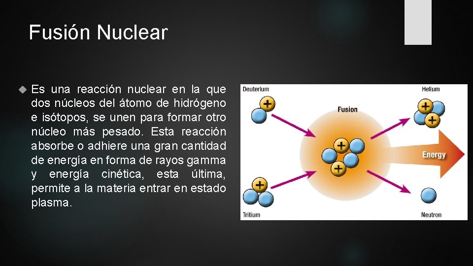 Fusión Nuclear Es una reacción nuclear en la que dos núcleos del átomo de