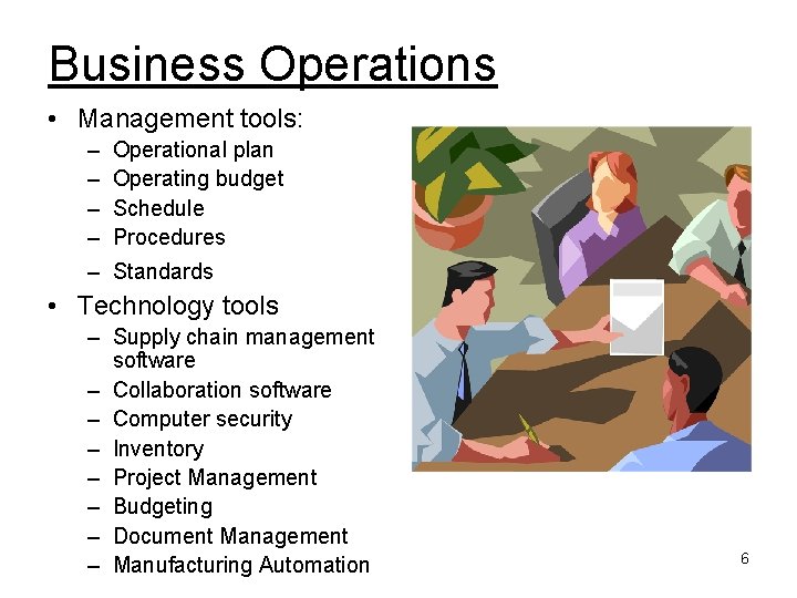 Business Operations • Management tools: – – Operational plan Operating budget Schedule Procedures –