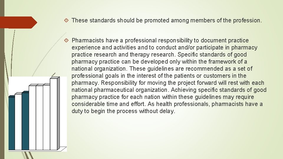  These standards should be promoted among members of the profession. Pharmacists have a