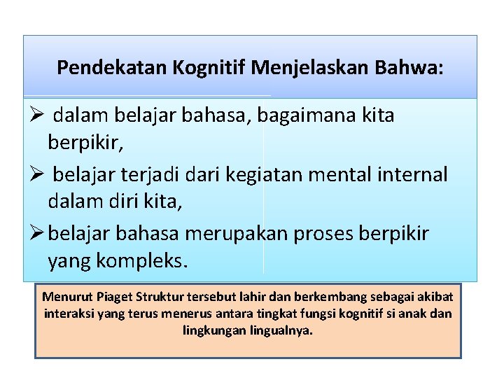 Pendekatan Kognitif Menjelaskan Bahwa: Ø dalam belajar bahasa, bagaimana kita berpikir, Ø belajar terjadi