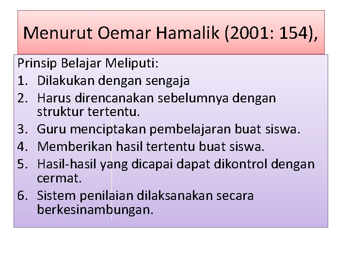 Menurut Oemar Hamalik (2001: 154), Prinsip Belajar Meliputi: 1. Dilakukan dengan sengaja 2. Harus