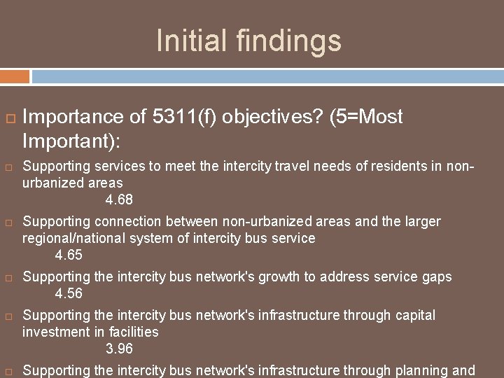 Initial findings Importance of 5311(f) objectives? (5=Most Important): Supporting services to meet the intercity