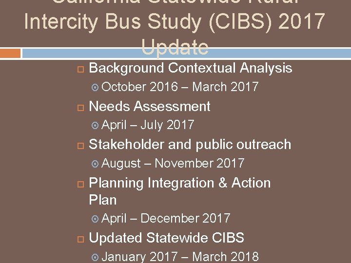 California Statewide Rural Intercity Bus Study (CIBS) 2017 Update Background Contextual Analysis October Needs