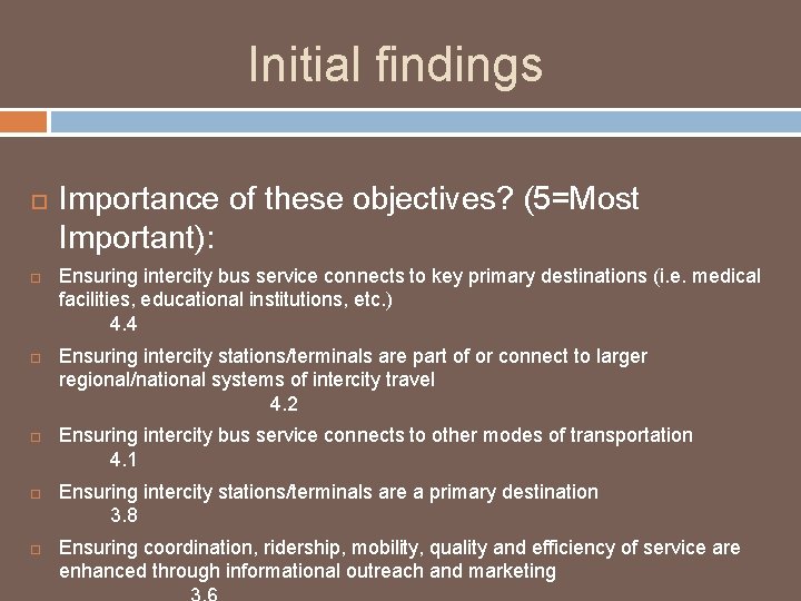 Initial findings Importance of these objectives? (5=Most Important): Ensuring intercity bus service connects to