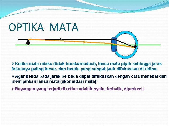 OPTIKA MATA ØKetika mata relaks (tidak berakomodasi), lensa mata pipih sehingga jarak fokusnya paling